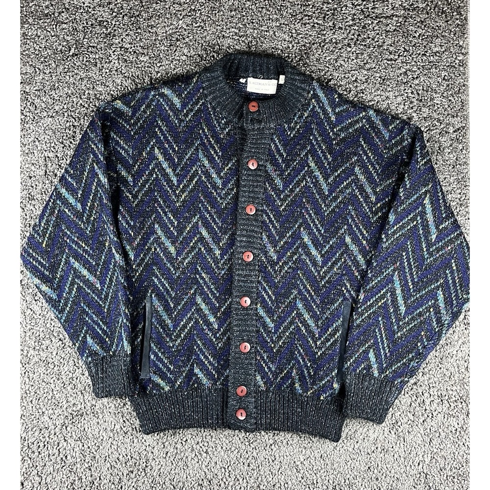 Vintage B Altman Co Wool Blend Zig Zag Cardigan Blue Size Large Cosby, Grandpa.
